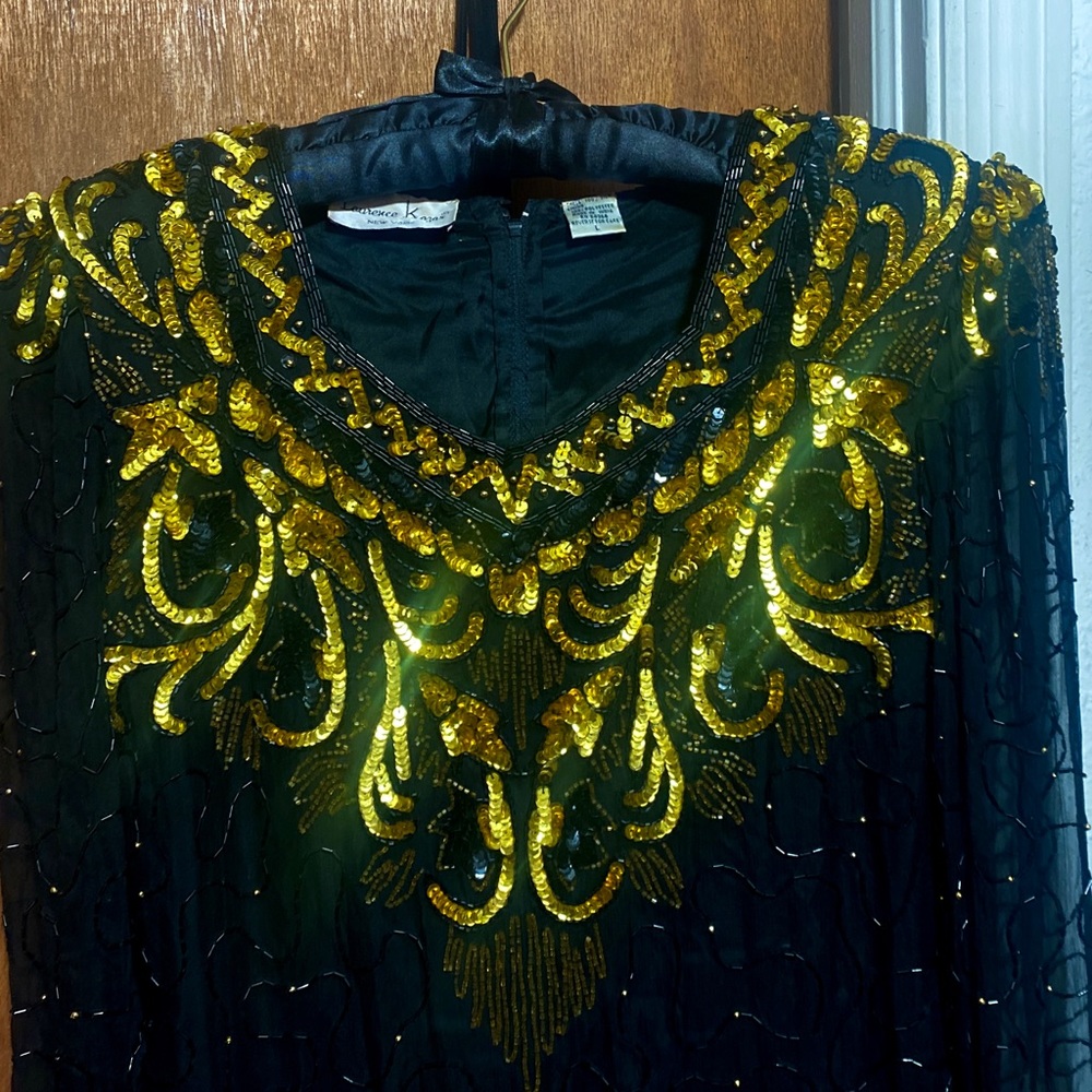 Vintage Laurence Kazar Beaded Black & Gold Silk Formal Evening Gown Size Large